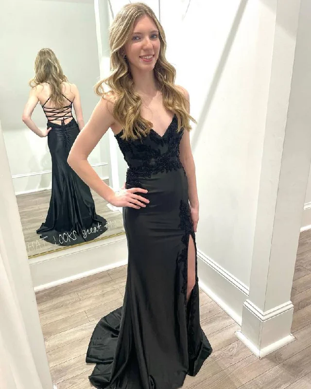 V-Neck Lace-Up Mermaid Formal Dress with Slit Lace Evening Dress