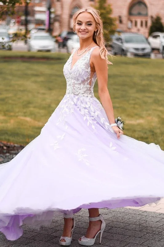V-Neck Lavender Long Prom Dress with Lace Appliaues Vintage Lace Gown